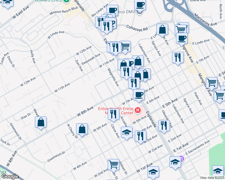 map of restaurants, bars, coffee shops, grocery stores, and more near 228 West 8th Avenue in Chico