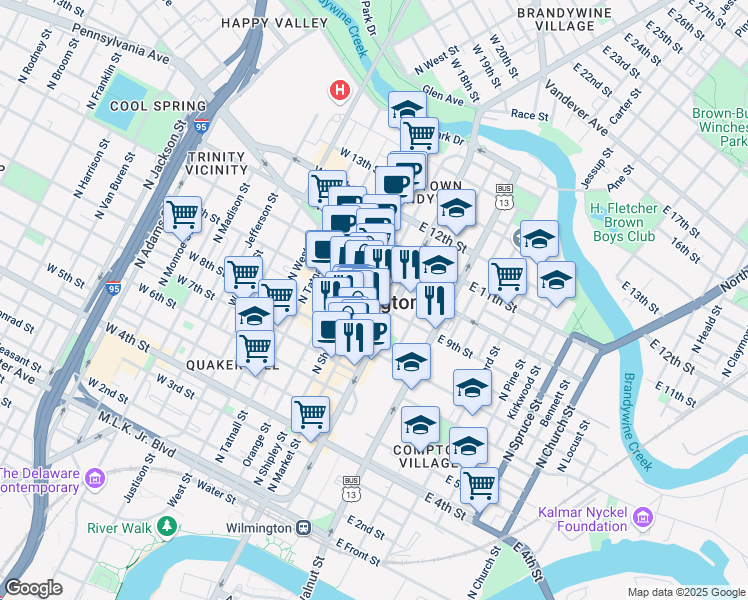 map of restaurants, bars, coffee shops, grocery stores, and more near 844 North King Street in Wilmington