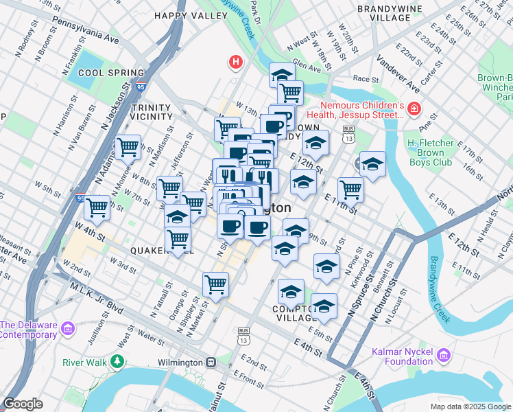 map of restaurants, bars, coffee shops, grocery stores, and more near in Wilmington