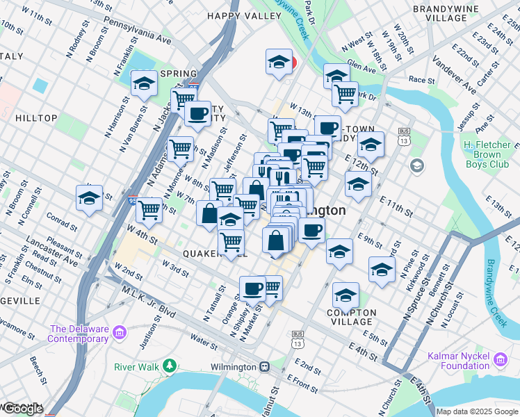 map of restaurants, bars, coffee shops, grocery stores, and more near 703 North Tatnall Street in Wilmington