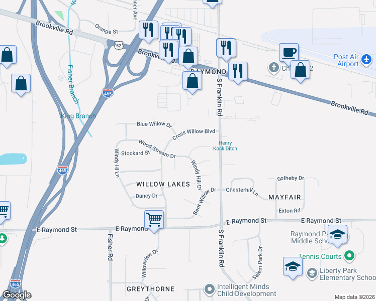 map of restaurants, bars, coffee shops, grocery stores, and more near 1919 Windy Hill Drive in Indianapolis