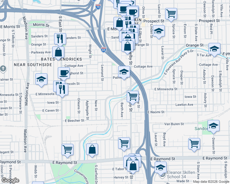 map of restaurants, bars, coffee shops, grocery stores, and more near 1715 Ringgold Avenue in Indianapolis