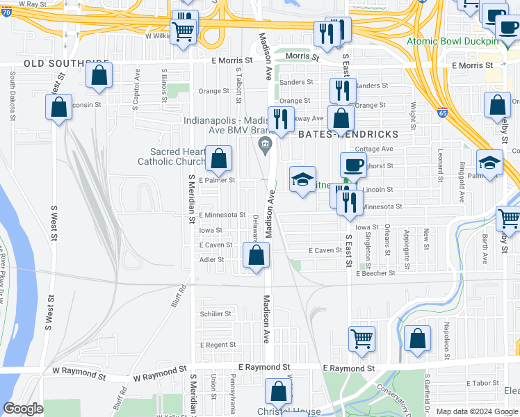 map of restaurants, bars, coffee shops, grocery stores, and more near 1718 Delaware Street in Indianapolis