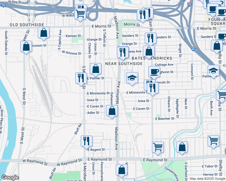 map of restaurants, bars, coffee shops, grocery stores, and more near 1718 Delaware Street in Indianapolis