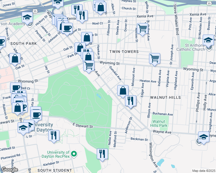 map of restaurants, bars, coffee shops, grocery stores, and more near Wayne Avenue in Dayton