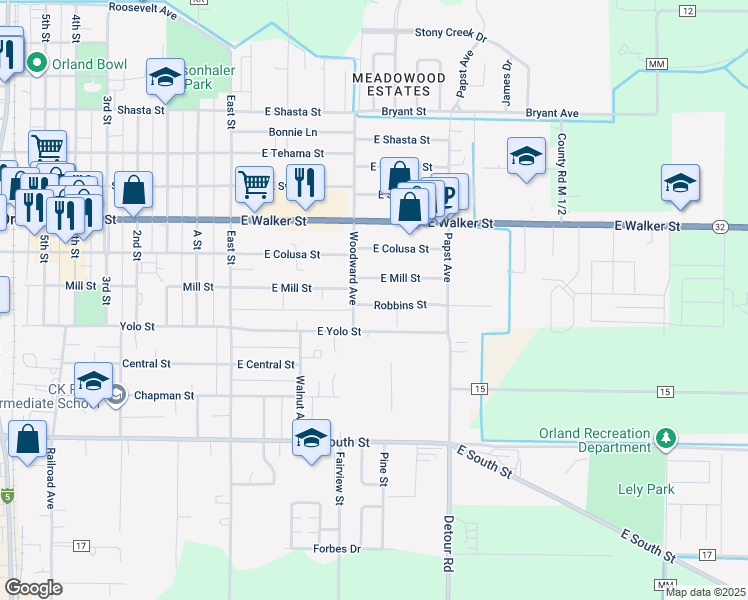 map of restaurants, bars, coffee shops, grocery stores, and more near 216 Robbins Street in Orland