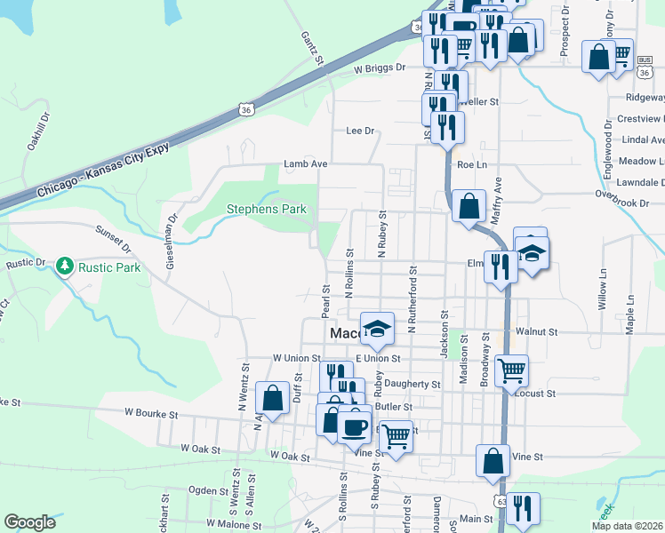 map of restaurants, bars, coffee shops, grocery stores, and more near 602 Pearl Street in Macon