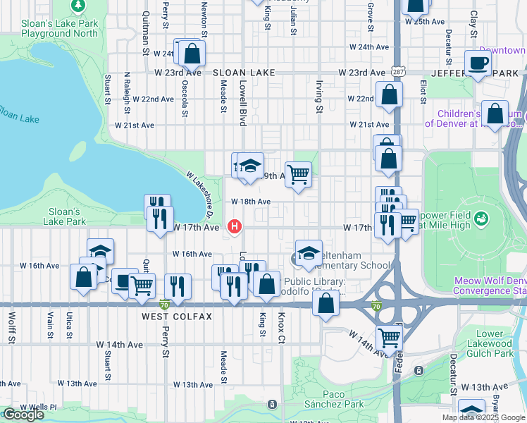 map of restaurants, bars, coffee shops, grocery stores, and more near 1725 King Street in Denver