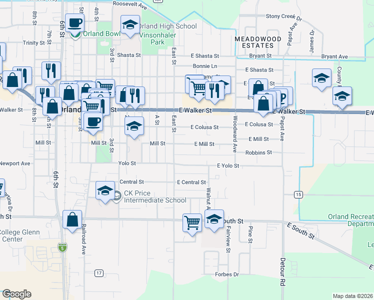 map of restaurants, bars, coffee shops, grocery stores, and more near 945 East Street in Orland
