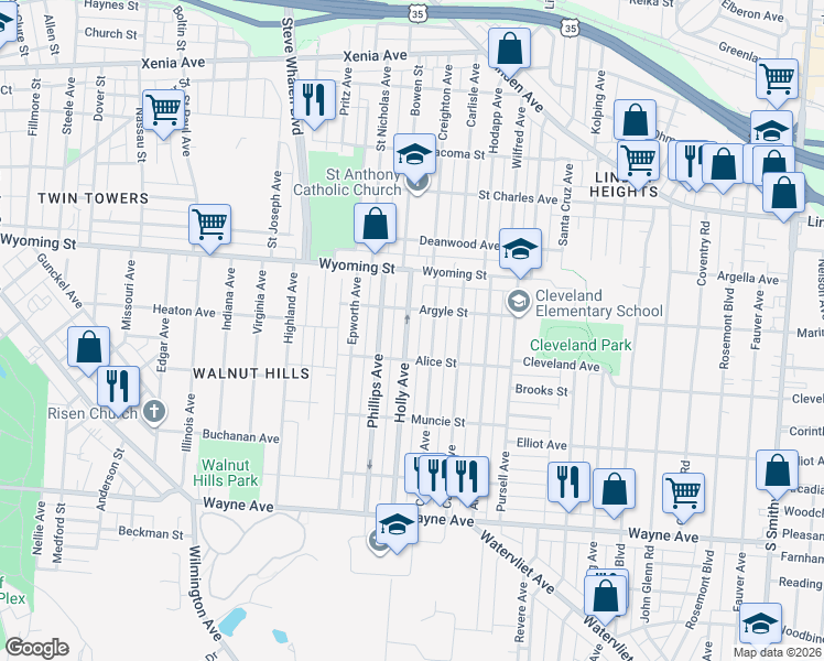 map of restaurants, bars, coffee shops, grocery stores, and more near 1150 Holly Avenue in Dayton