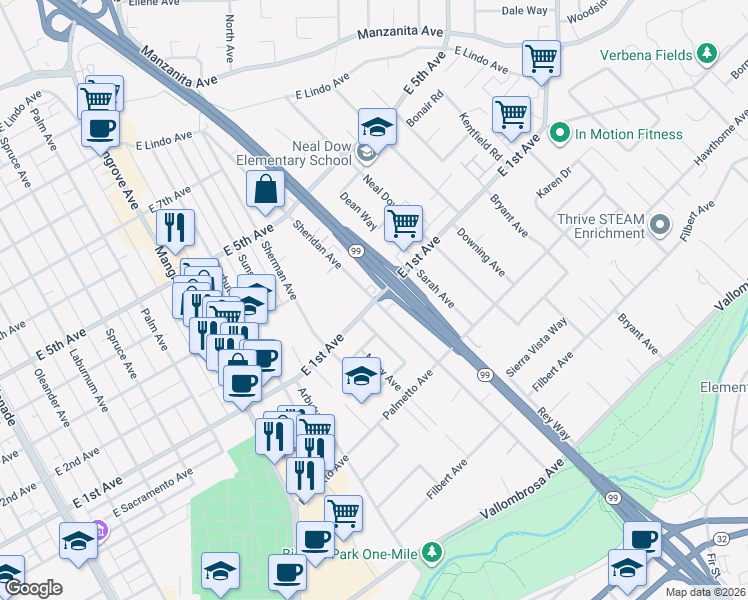 map of restaurants, bars, coffee shops, grocery stores, and more near 1101 Sheridan Avenue in Chico
