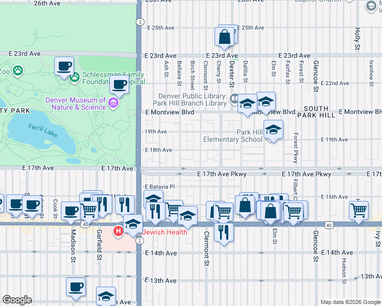 map of restaurants, bars, coffee shops, grocery stores, and more near 4305 East 17th Avenue Parkway in Denver