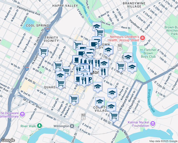 map of restaurants, bars, coffee shops, grocery stores, and more near 844 North King Street in Wilmington
