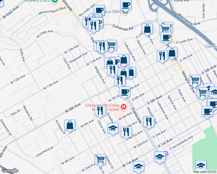 map of restaurants, bars, coffee shops, grocery stores, and more near 148 West 8th Avenue in Chico