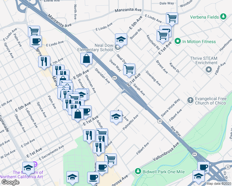 map of restaurants, bars, coffee shops, grocery stores, and more near 996 East 1st Avenue in Chico