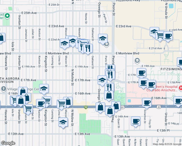 map of restaurants, bars, coffee shops, grocery stores, and more near 1790 Nome Street in Aurora