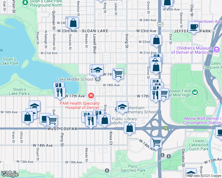 map of restaurants, bars, coffee shops, grocery stores, and more near 1800 King Street in Denver