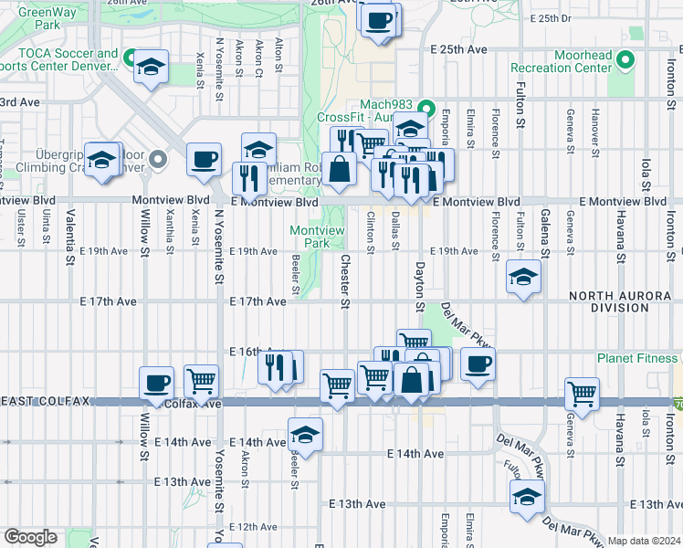map of restaurants, bars, coffee shops, grocery stores, and more near 1755 Chester Street in Aurora
