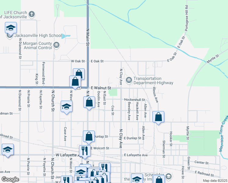 map of restaurants, bars, coffee shops, grocery stores, and more near 300 East Walnut Street in Jacksonville