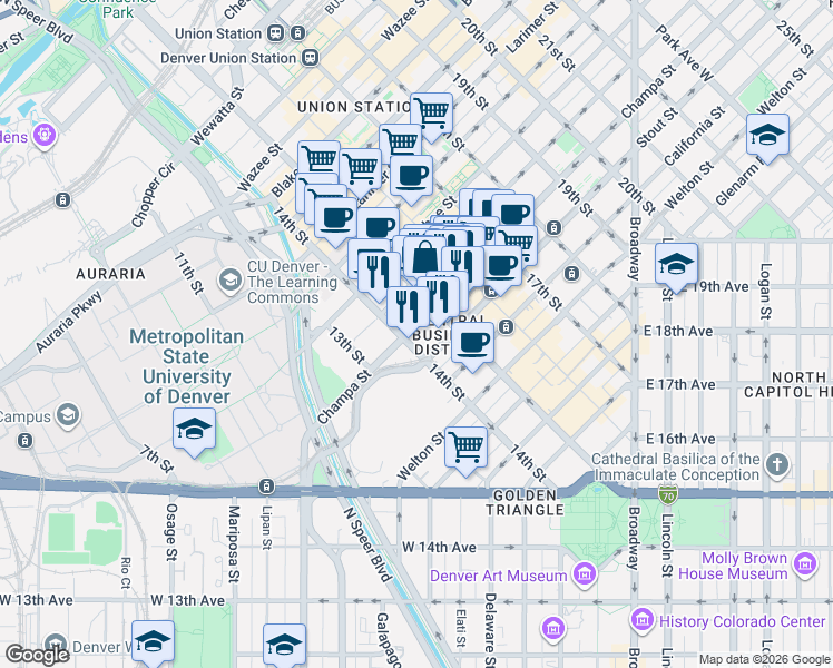 map of restaurants, bars, coffee shops, grocery stores, and more near in Denver
