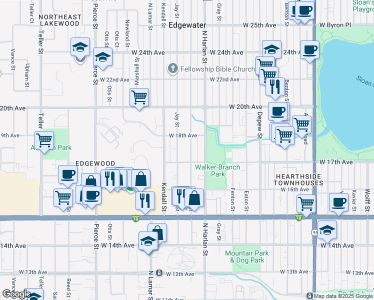 map of restaurants, bars, coffee shops, grocery stores, and more near 1733 Ingalls Street in Lakewood
