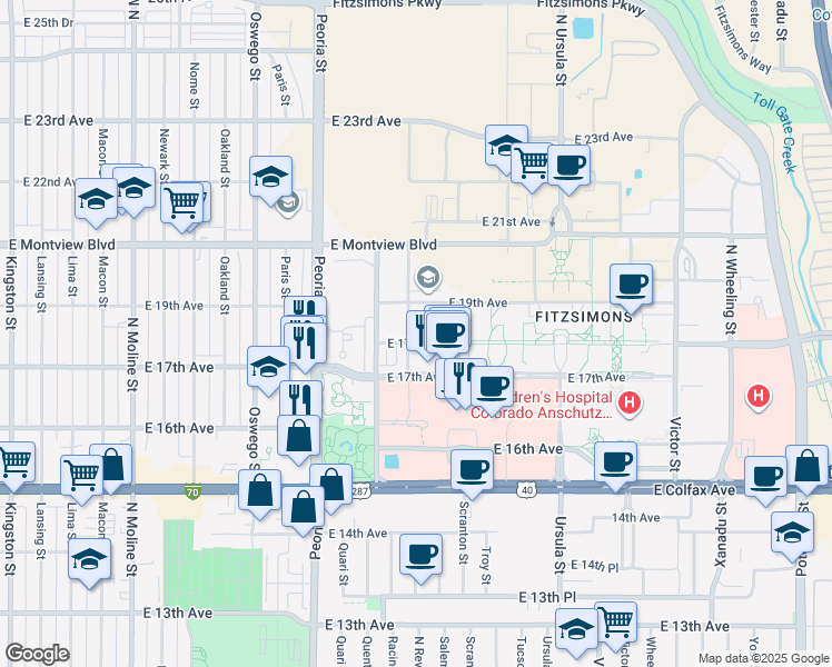 map of restaurants, bars, coffee shops, grocery stores, and more near 13001 East 17th Place in Aurora