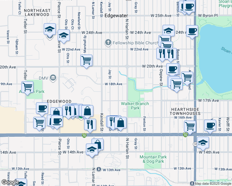 map of restaurants, bars, coffee shops, grocery stores, and more near 1733 Ingalls Street in Lakewood