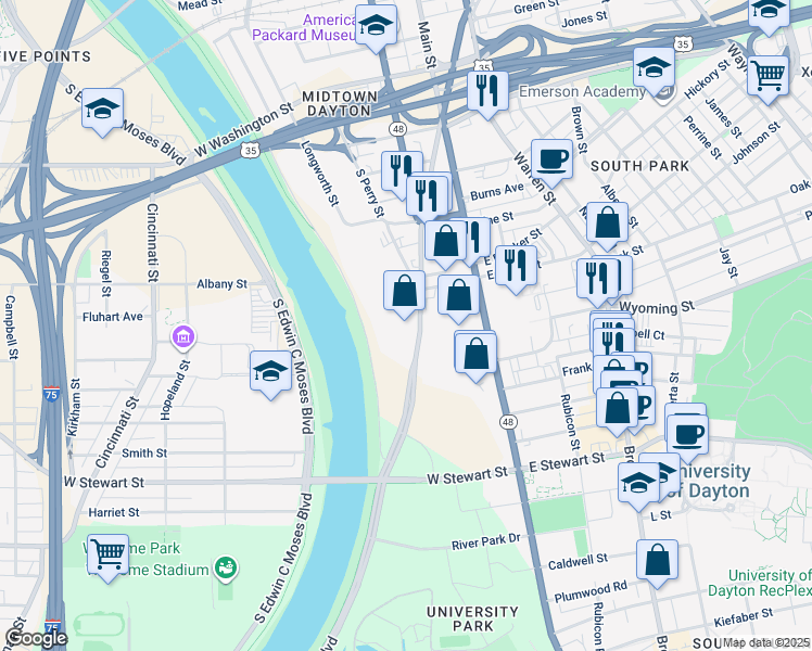 map of restaurants, bars, coffee shops, grocery stores, and more near 915 South Patterson Boulevard in Dayton