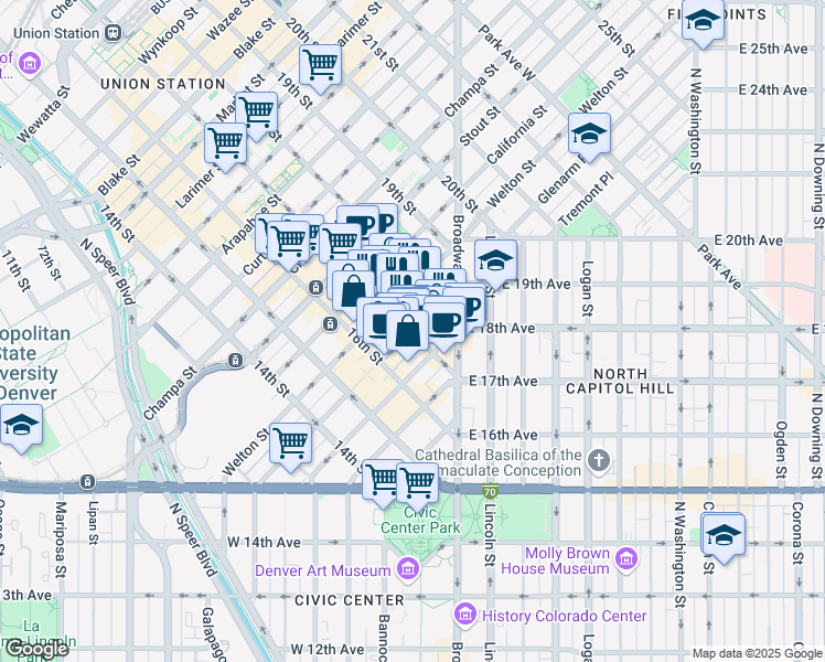 map of restaurants, bars, coffee shops, grocery stores, and more near Glenarm Place & 17th Street in Denver