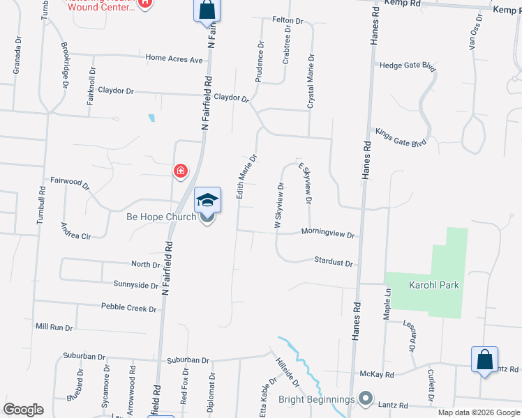 map of restaurants, bars, coffee shops, grocery stores, and more near 3193 Kingfisher Place in Dayton