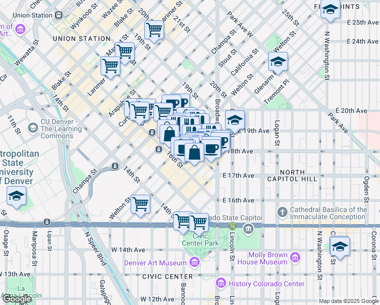 map of restaurants, bars, coffee shops, grocery stores, and more near 518 17th Street in Denver
