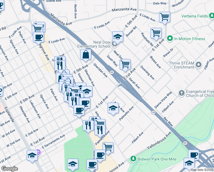 map of restaurants, bars, coffee shops, grocery stores, and more near in Chico