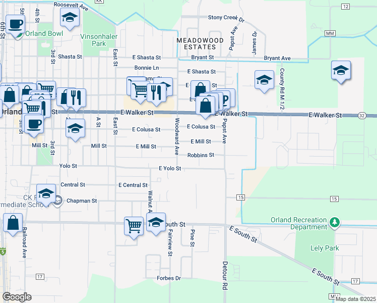map of restaurants, bars, coffee shops, grocery stores, and more near 216 Robbins Street in Orland