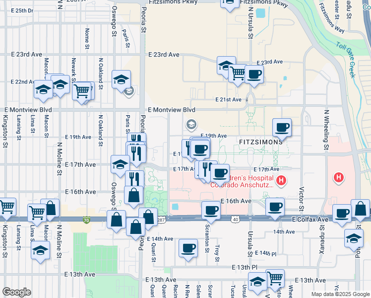 map of restaurants, bars, coffee shops, grocery stores, and more near 1402 North Revere Court in Aurora