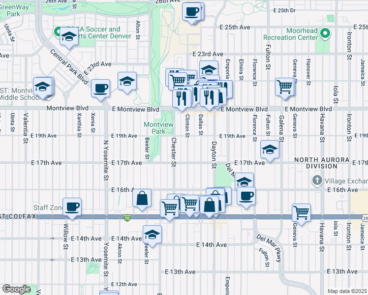 map of restaurants, bars, coffee shops, grocery stores, and more near 1788 Chester Street in Aurora