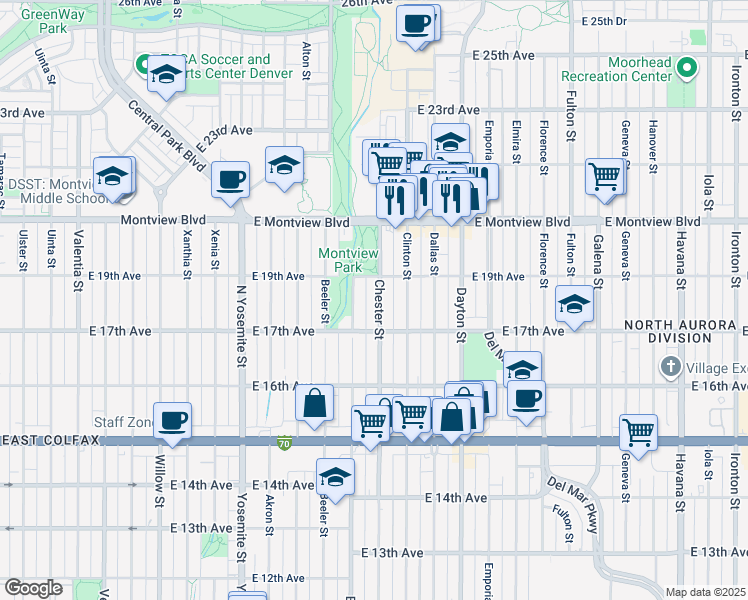 map of restaurants, bars, coffee shops, grocery stores, and more near 1788 Chester Street in Aurora