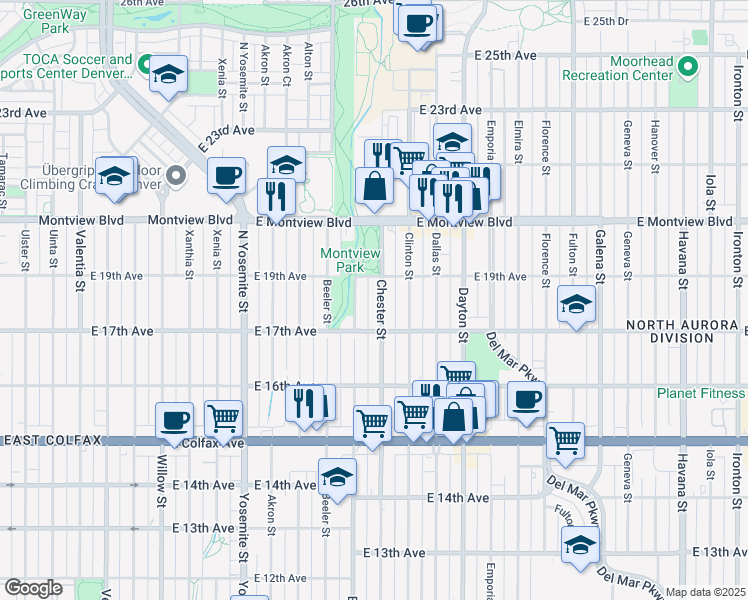 map of restaurants, bars, coffee shops, grocery stores, and more near 1788 Chester Street in Aurora