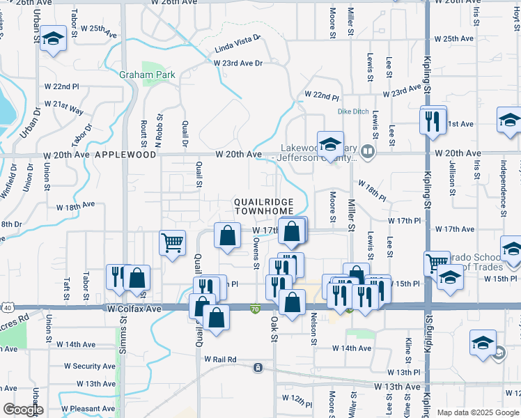 map of restaurants, bars, coffee shops, grocery stores, and more near 11147 West 17th Avenue in Lakewood
