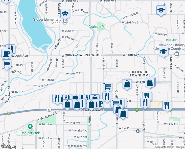 map of restaurants, bars, coffee shops, grocery stores, and more near 11455 West 17th Place in Lakewood