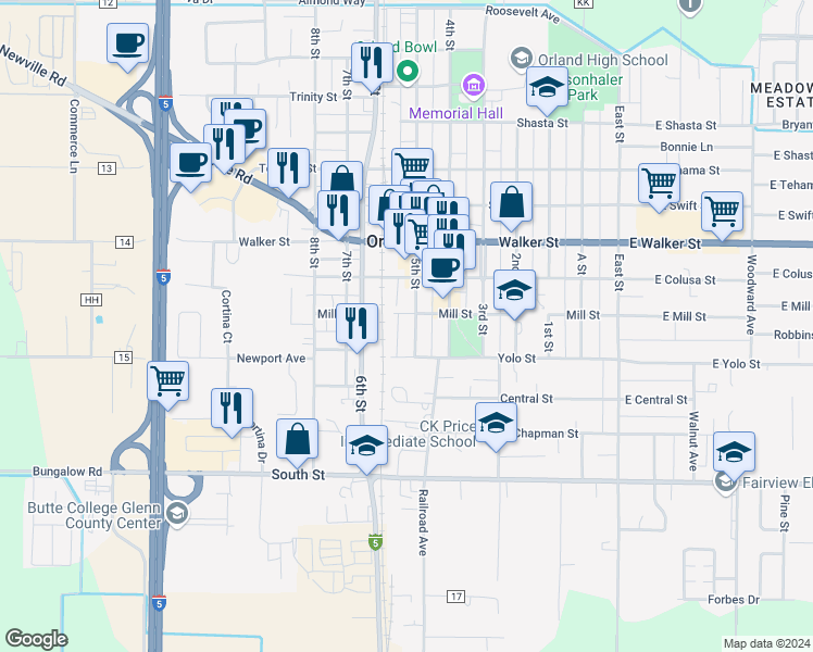 map of restaurants, bars, coffee shops, grocery stores, and more near 820 5th Street in Orland