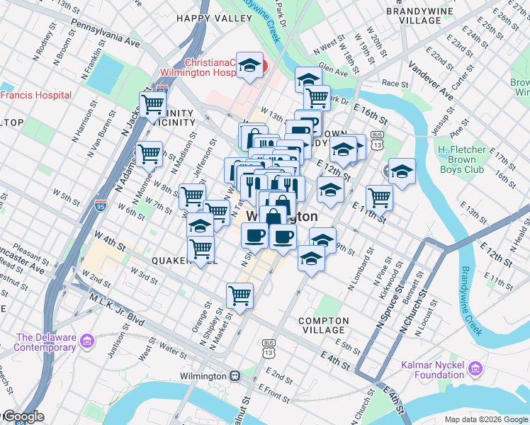 map of restaurants, bars, coffee shops, grocery stores, and more near 903 North Shipley Street in Wilmington