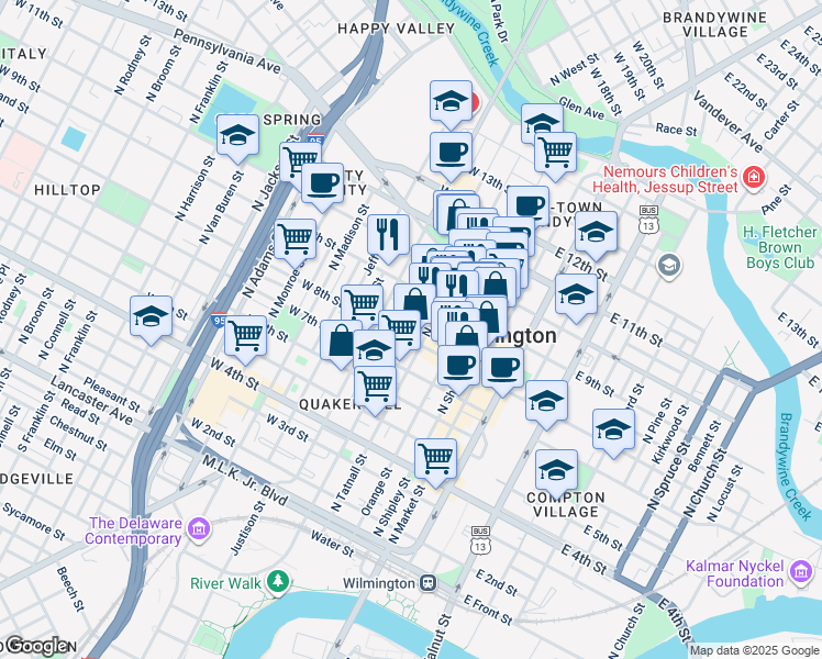 map of restaurants, bars, coffee shops, grocery stores, and more near in Wilmington