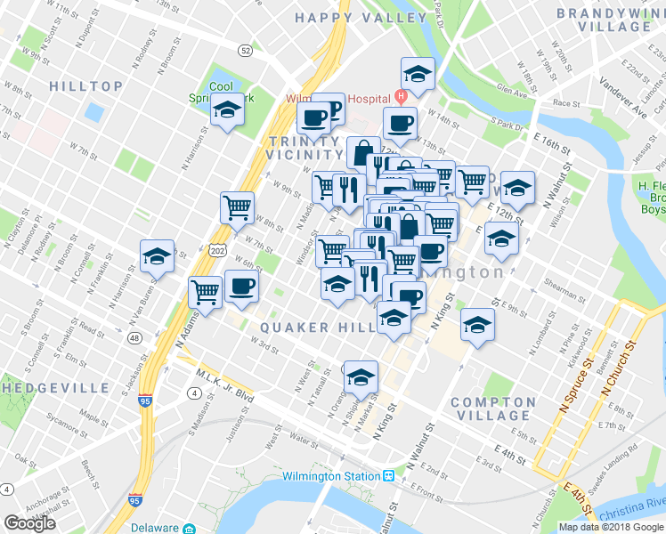 map of restaurants, bars, coffee shops, grocery stores, and more near 801 Washington Street in Wilmington