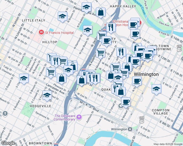 map of restaurants, bars, coffee shops, grocery stores, and more near 5 Beatty Place in Wilmington