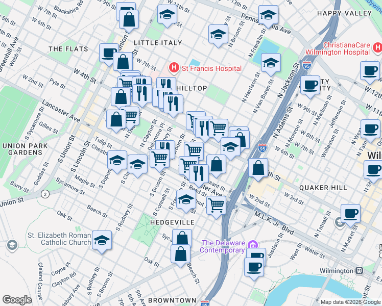 map of restaurants, bars, coffee shops, grocery stores, and more near 1323 West 3rd Street in Wilmington