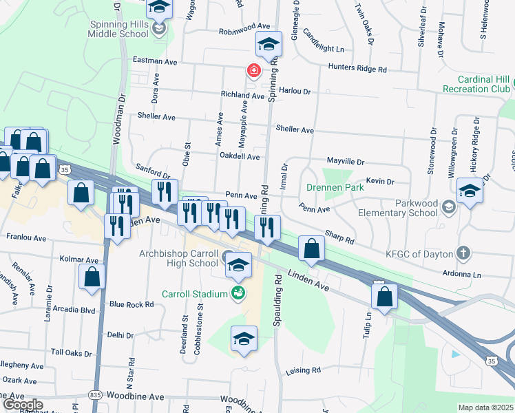 map of restaurants, bars, coffee shops, grocery stores, and more near 1198 Spinning Road in Dayton