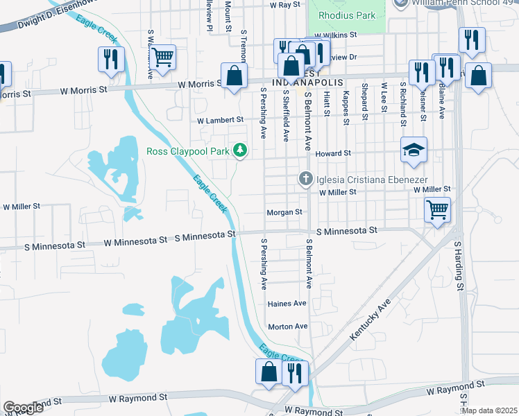 map of restaurants, bars, coffee shops, grocery stores, and more near 2230 Miller Street in Indianapolis