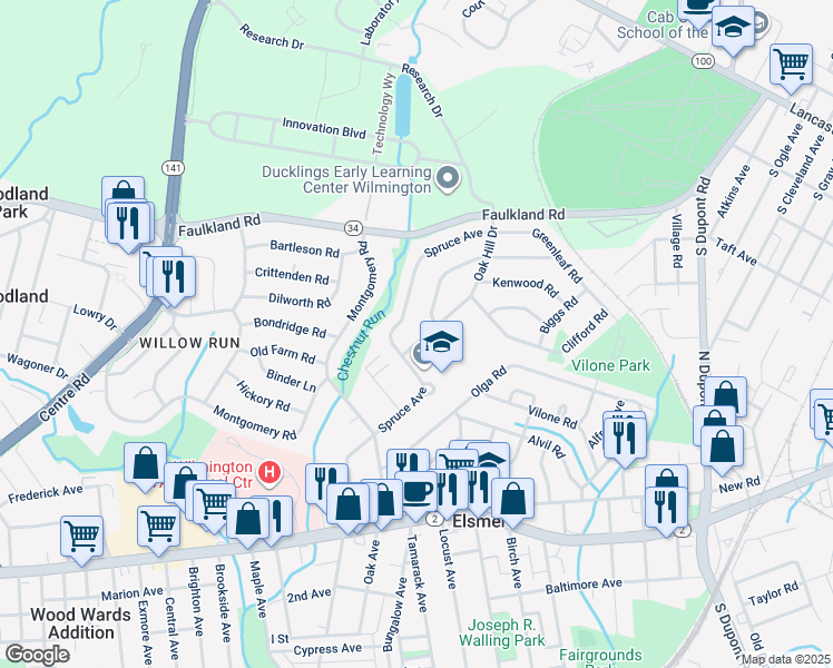 map of restaurants, bars, coffee shops, grocery stores, and more near 1431 Oak Hill Drive in Wilmington