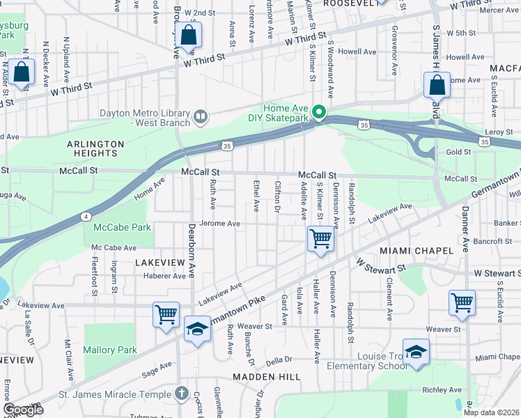 map of restaurants, bars, coffee shops, grocery stores, and more near 441 Ethel Avenue in Dayton