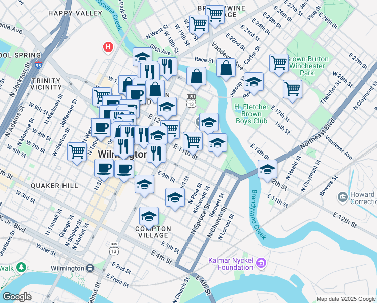 map of restaurants, bars, coffee shops, grocery stores, and more near 1130 Clifford Brown Walk in Wilmington